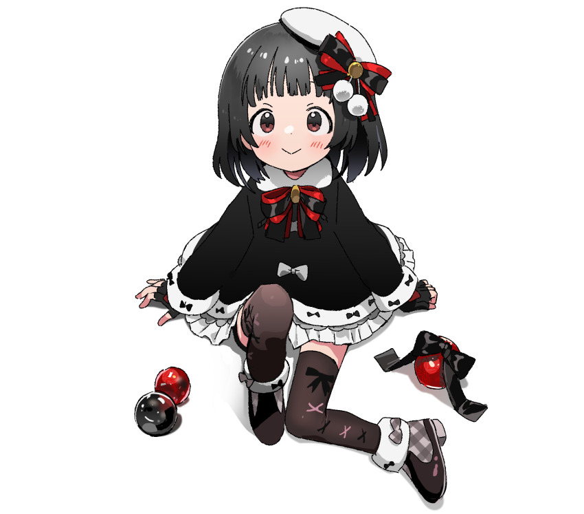 1girl :&gt; beret black_dress black_footwear black_gloves black_hair black_thighhighs blunt_bangs blush bow bowtie brown_eyes closed_mouth dot_nose dress fingerless_gloves full_body fur-trimmed_dress fur_trim gloves hair_ribbon hat highres idolmaster idolmaster_million_live! idolmaster_million_live!_theater_days itohari_(mamiiori1) leg_up looking_at_viewer medium_hair nakatani_iku official_alternate_costume ribbon sidelocks simple_background sitting solo thighhighs two-tone_bow two-tone_bowtie white_background white_hat zettai_ryouiki