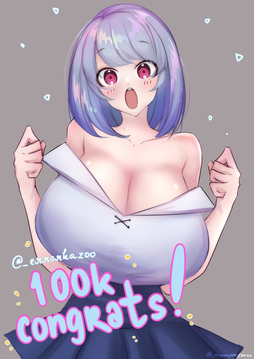 1girl bare_shoulders black_skirt blue_hair blush borrowed_character breasts cleavage congratulations grey_background hands_up highres huge_breasts looking_at_viewer mamaprofennn medium_hair milestone_celebration open_mouth original red_eyes rina_atherina simple_background skirt solo