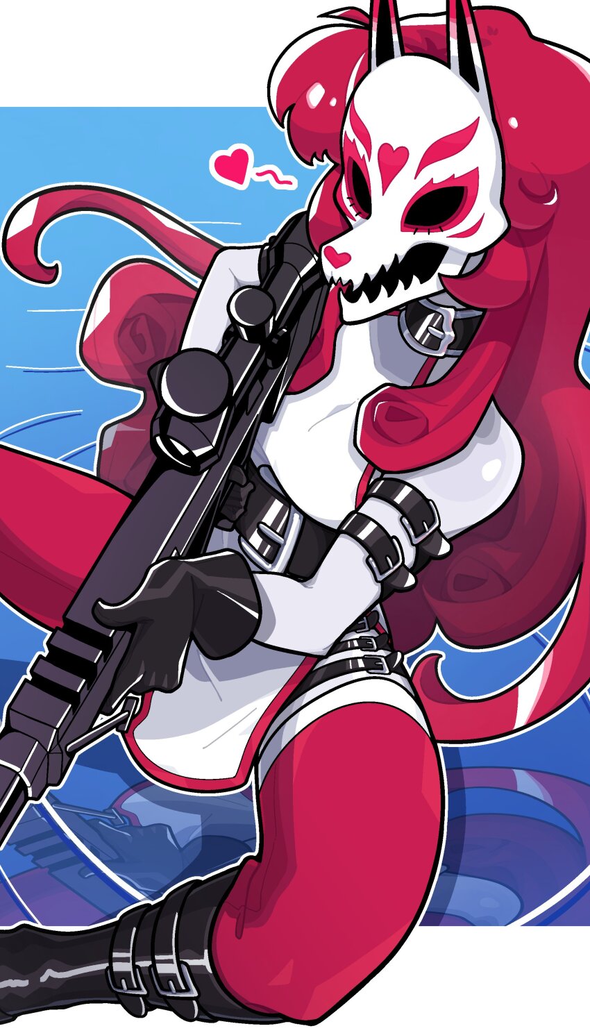 1girl absurdres animal_ears belt black_boots black_choker black_gloves black_straps boots choker colored_skin dress fox_ears fox_mask gloves grey_skin gun heart highres holding holding_gun holding_weapon long_hair mask muds multiple_belts neon_red neon_white red_hair rifle sleeveless sleeveless_dress sniper_rifle solo spoken_heart thigh_strap variant_set weapon white_dress