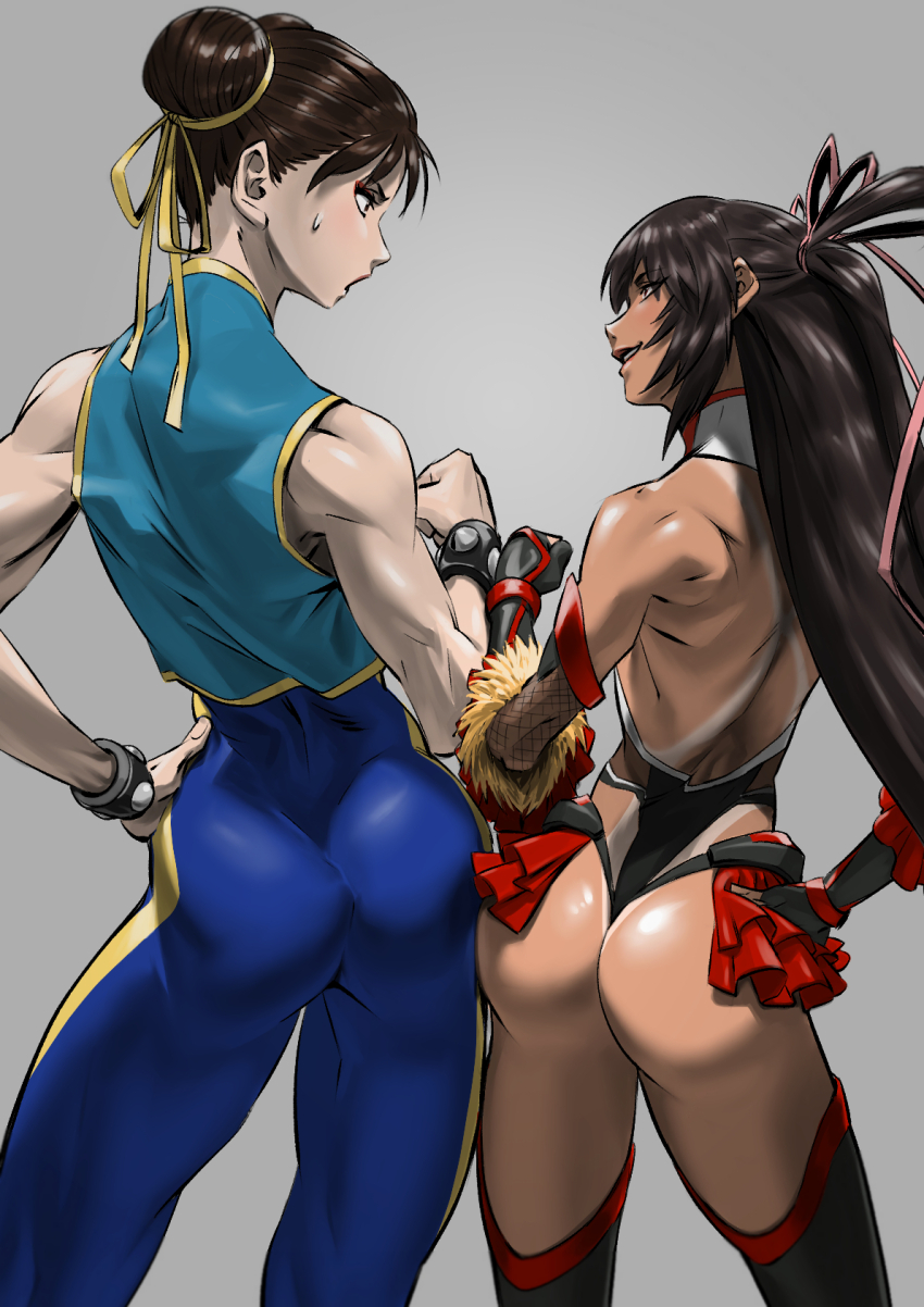 1girl absurdly_long_hair age_difference alternate_costume artist_request ass-to-ass back bare_arms bare_shoulders black_leotard blue_bodysuit bodysuit boots bracelet brown_hair capcom chun-li crossover curvy dark-skinned_female dark_skin double_bun elbow_gloves eye_contact eyelashes fingerless_gloves fishnets frilled_leotard frills gloves hair_bun hair_ribbon hand_on_own_hip highres impossible_clothes impossible_leotard jewelry leotard long_hair long_twintails looking_at_another medium_hair mizuki_yukikaze one-piece_tan revealing_clothes ribbon shiny_clothes shiny_skin simple_background size_difference skin_tight skindentation skirt standing street_fighter street_fighter_alpha sweat taimanin_(series) taimanin_rpgx taimanin_suit taimanin_yukikaze tan tanline thigh_boots thighhighs thong_leotard twintails very_long_hair