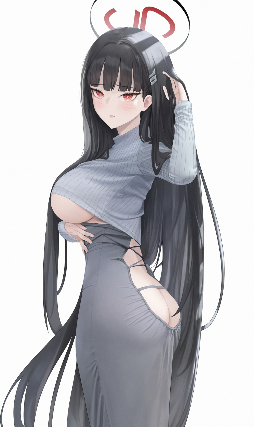 1girl absurdres ass back backless_dress backless_outfit bbul_horn biting black_eyes black_hair blue_archive blush breasts bright_pupils butt_crack commentary cosplay dress guitar_little_sister_(hitomi_o)_(cosplay) halo highres large_breasts long_hair long_skirt long_sleeves red_eyes rio_(blue_archive) simple_background skirt sleeves_past_fingers sleeves_past_wrists solo sweater turtleneck turtleneck_sweater underboob very_long_hair white_background