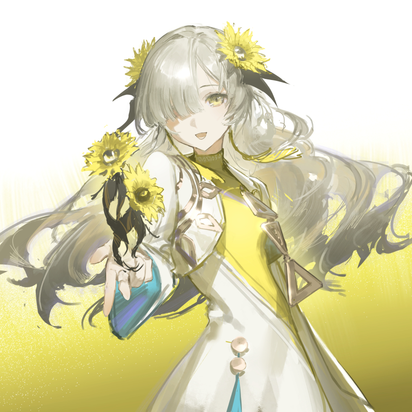 1girl blonde_hair dress familiar flower grey_hair hair_flower hair_ornament hair_over_one_eye highres isekaijoucho kamitsubaki_studio long_hair looking_at_viewer multicolored_hair open_mouth outstretched_arm reoen smile solo sunflower two-tone_hair