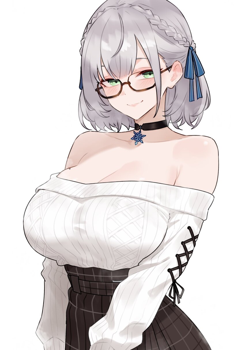 1girl absurdres bare_shoulders black_choker bluefield breasts brown_skirt choker cleavage closed_mouth commentary glasses green_eyes grey_hair half_up_braid half_updo high-waist_skirt highres hololive huge_breasts jewelry looking_at_viewer off-shoulder_sweater off_shoulder official_alternate_costume official_alternate_hairstyle parted_hair pendant plaid_clothes plaid_skirt ribbed_sweater semi-rimless_eyewear shirogane_noel shirogane_noel_(casual) short_hair simple_background skirt smile snowflake_pendant solo sweater sweater_tucked_in symbol-only_commentary virtual_youtuber white_background white_sweater