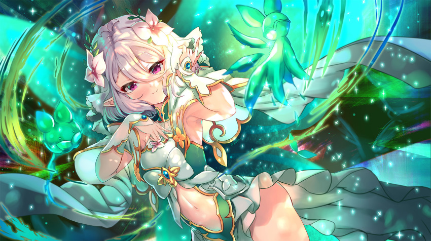 1girl antenna_hair armpits bare_shoulders blurry blurry_background breasts closed_mouth commentary_request depth_of_field dress flower green_dress hair_between_eyes hair_flower hair_ornament hands_up highres kokkoro_(princess)_(princess_connect!) kokkoro_(princess_connect!) pointy_ears princess_connect! purple_eyes silver_hair small_breasts smile solo sparkle white_flower xephonia