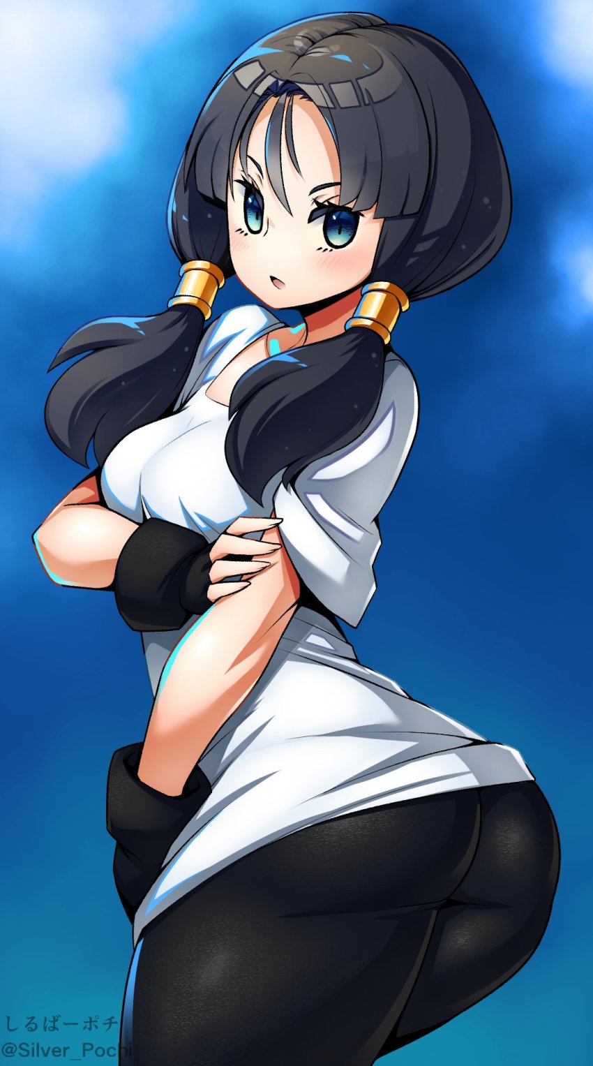 1girl ass black_hair blue_eyes blush breasts dragon_ball dragonball_z fingerless_gloves gloves highres kara_age long_hair looking_at_viewer medium_breasts open_mouth shirt simple_background solo twintails videl white_shirt