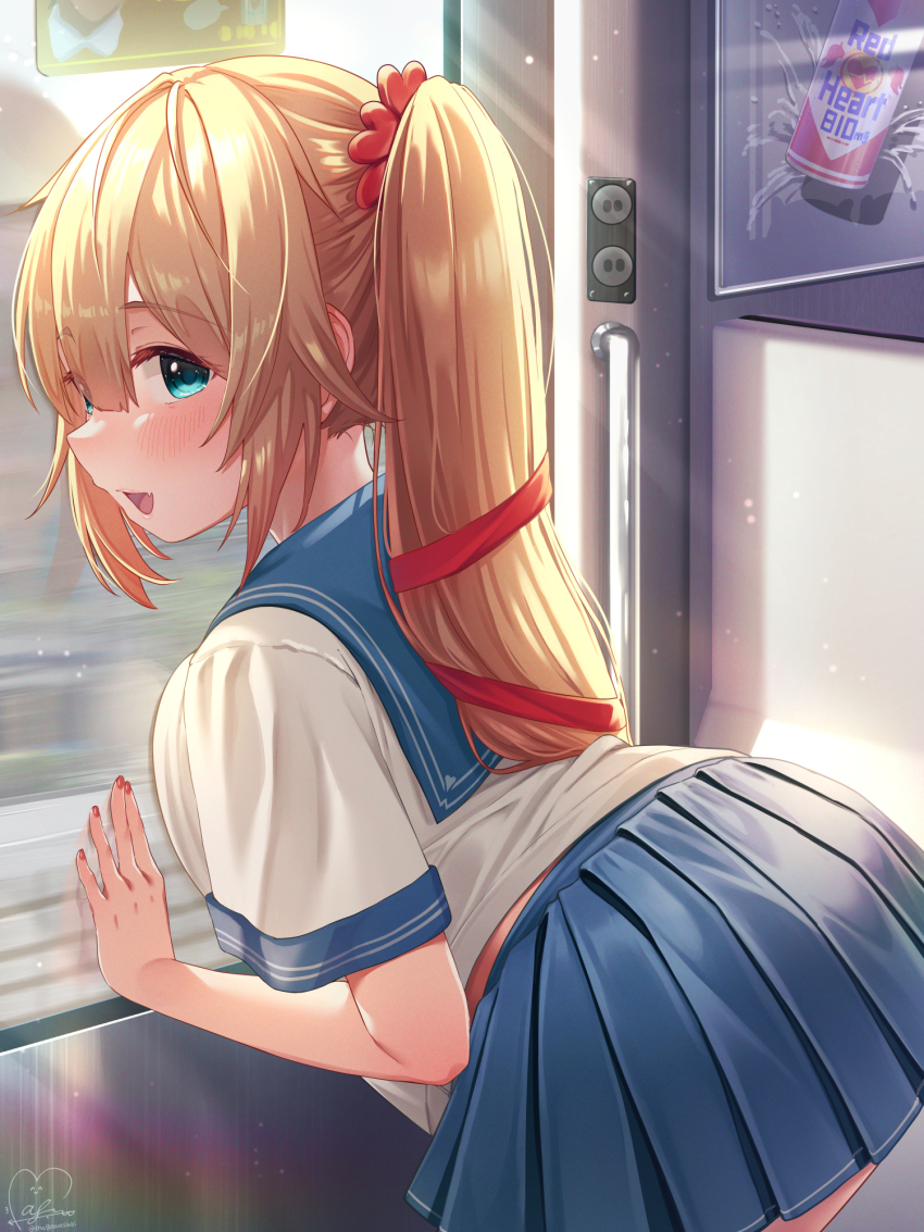 1girl :d against_glass akai_haato aqua_eyes bent_over blonde_hair blue_sailor_collar blue_skirt blush breast_press breasts fang hair_ornament hair_ribbon highres hololive long_hair looking_at_viewer magowasabi medium_breasts nail_polish open_mouth pleated_skirt ponytail ribbon sailor_collar shirt short_sleeves signature skirt smile solo sunlight train_interior virtual_youtuber white_shirt window