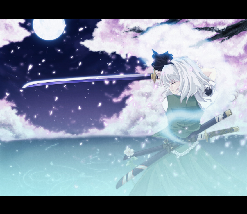 1girl auer bad_id bad_pixiv_id cherry_blossoms closed_eyes female_focus from_behind full_moon ghost hitodama katana konpaku_youmu konpaku_youmu_(ghost) letterboxed moon ribbon short_hair solo sword touhou water weapon white_hair