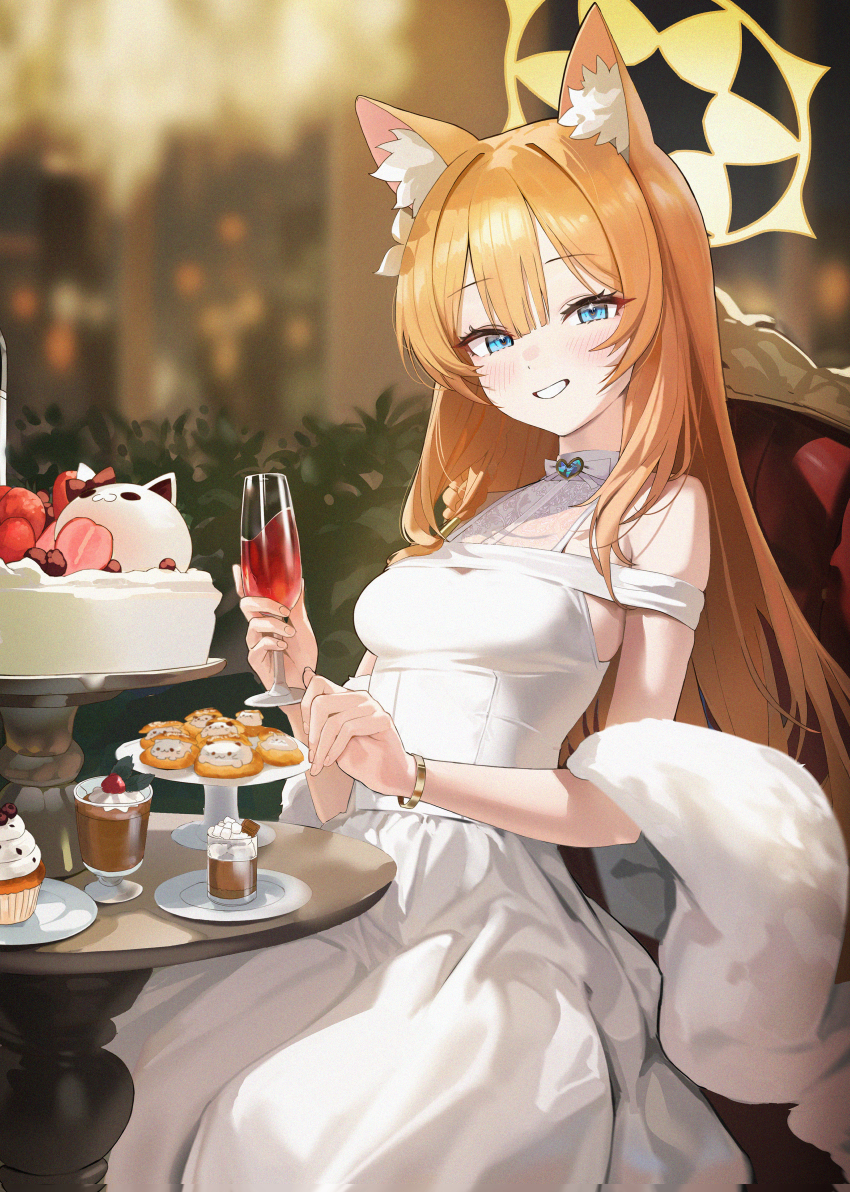 1girl absurdres alternate_costume animal_ear_fluff animal_ears bare_shoulders blue_archive blue_eyes blurry blurry_background blush bracelet breasts cake cat_ears cat_girl commentary cup dress drinking_glass food gold_bracelet grin halo highres holding holding_cup jewelry long_hair looking_at_viewer mari_(blue_archive) medium_breasts orange_hair setakman sitting smile solo white_dress yellow_halo