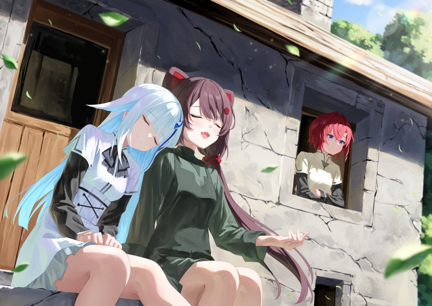 3girls absurdres ange_katrina animal_ears blue_eyes blue_hair blush breasts brown_hair closed_eyes cottage_(building) dog_ears head_on_another&#039;s_shoulder highres inui_toko lize_helesta multicolored_hair multiple_girls nijisanji page_of_lambda red_hair rissenka thighs virtual_youtuber white_hair