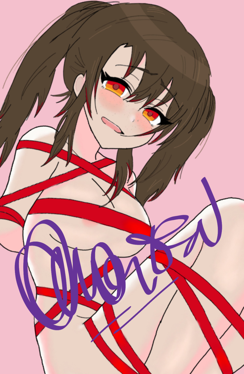 1girl alice_leah aly_doppelbvnger arms_behind_back bound brown_hair embarrassed freckles legs_up long_hair looking_at_viewer nude original red_eyes red_ribbon ribbon side_ponytail smile smug solo tied_up twintails