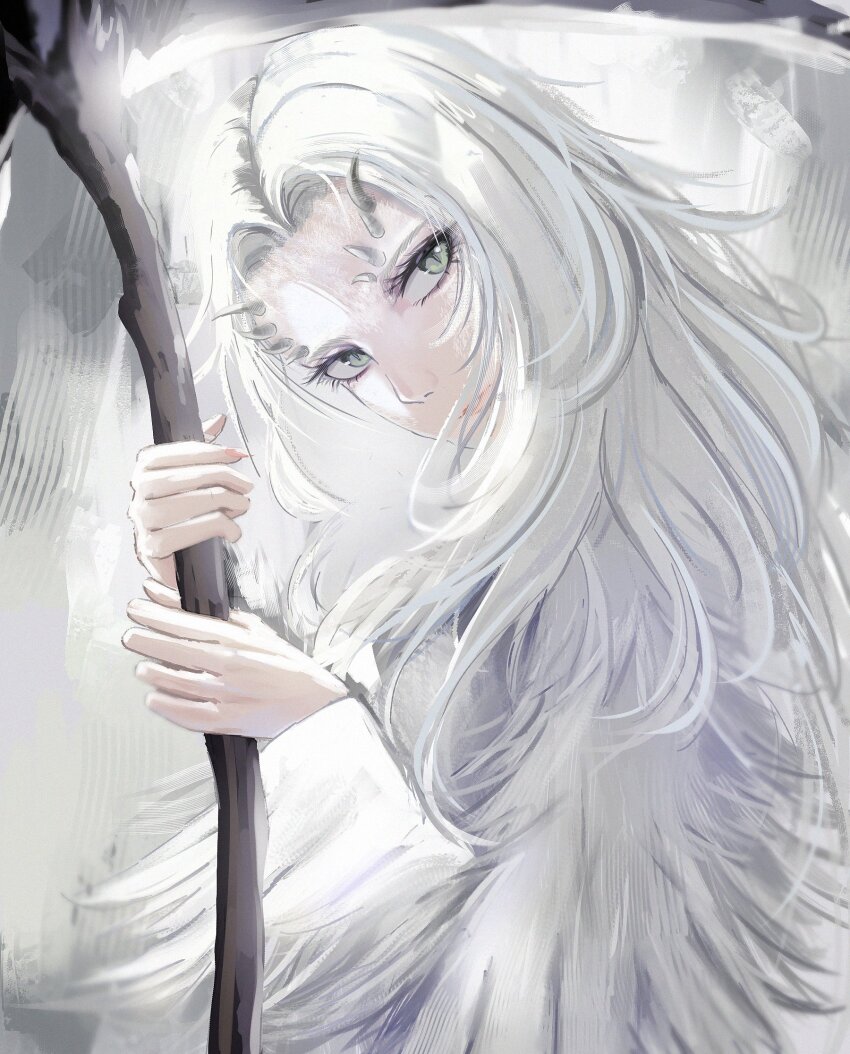 1girl commentary dark_souls_(series) dark_souls_i dragon_girl head_tilt highres holding holding_scythe holding_weapon long_hair looking_at_viewer priscilla_the_crossbreed sakku_art scales scythe slit_pupils solo weapon white_hair white_scales