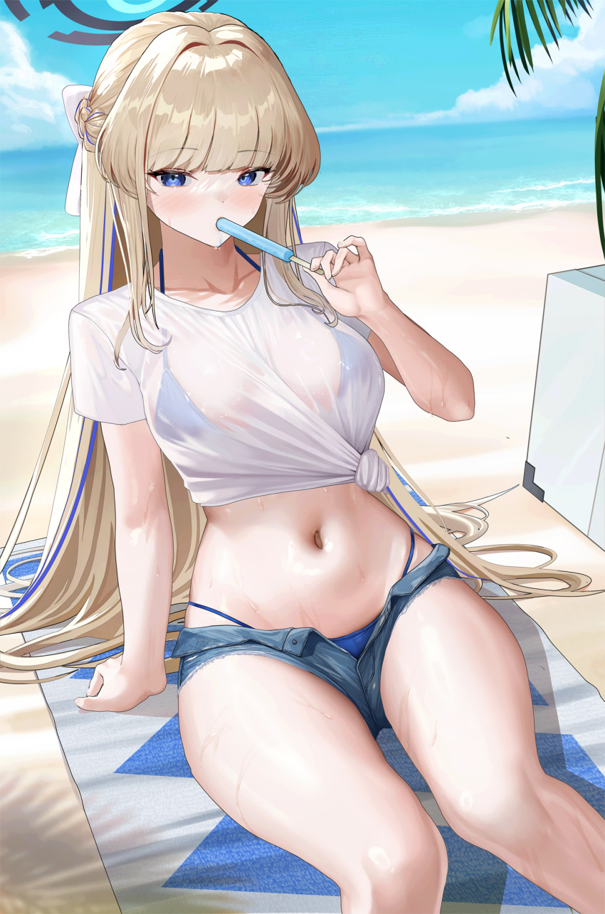 1girl arm_support beach beach_towel bikini bikini_under_shorts blonde_hair blue_archive blue_bikini blue_eyes blue_sky breasts briefcase crop_top day denim denim_shorts eating food halo hand_up highres holding holding_food holding_popsicle long_hair looking_at_viewer lp_(lp0000_k) medium_breasts micro_shorts navel ocean open_fly outdoors popsicle see-through_clothes see-through_shirt shirt shorts sitting sky solo stomach swimsuit thighs tied_shirt toki_(blue_archive) towel very_long_hair wet wet_clothes wet_shirt white_shirt