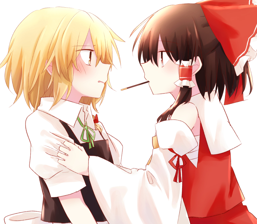 2girls ascot black_vest blonde_hair blush bow brown_hair clothes_grab collared_shirt commentary_request detached_sleeves eye_contact food food_in_mouth frilled_bow frilled_hair_tubes frills green_ribbon hair_bow hair_tubes hakurei_reimu highres kage_ochi kirisame_marisa long_hair looking_at_another multiple_girls neck_ribbon no_headwear open_mouth pocky pocky_in_mouth puffy_short_sleeves puffy_sleeves red_bow red_skirt ribbon shirt short_sleeves skirt skirt_set touhou vest white_shirt yellow_ascot yellow_eyes yuri