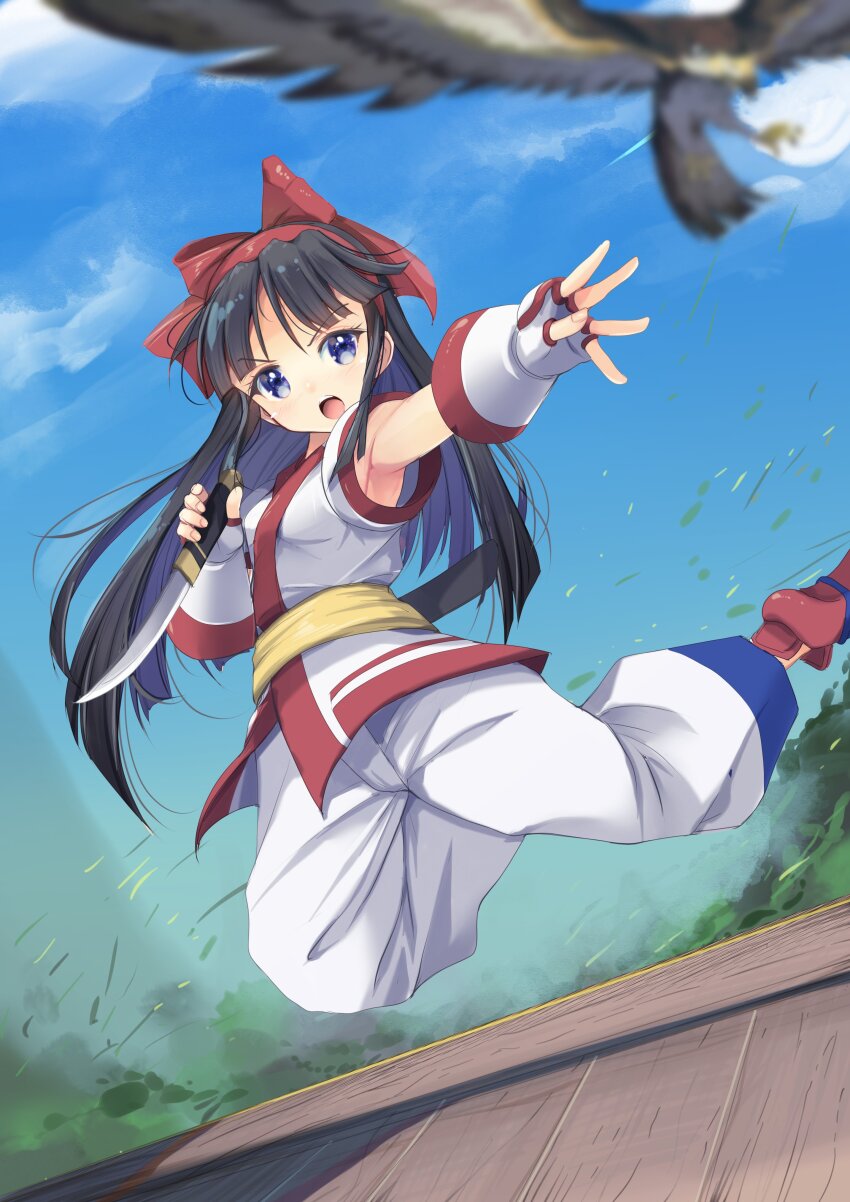 1girl absurdres ainu_clothes angry armpits black_hair blue_eyes breasts fingerless_gloves gloves highres jumping legs long_hair looking_at_viewer mamahaha nakoruru open_mouth outstretched_arm pants samurai_spirits small_breasts snk the_king_of_fighters thighs weapon