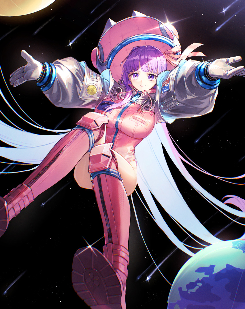 1girl absurdres bb_cosmo_(fate) boots breasts earth_(planet) fate/grand_order fate_(series) hair_ribbon helmet highres kotobuki_nashiko large_breasts leotard long_hair pink_footwear pink_leotard planet purple_eyes purple_hair ribbon shooting_star space space_helmet very_long_hair zipper zipper_pull_tab