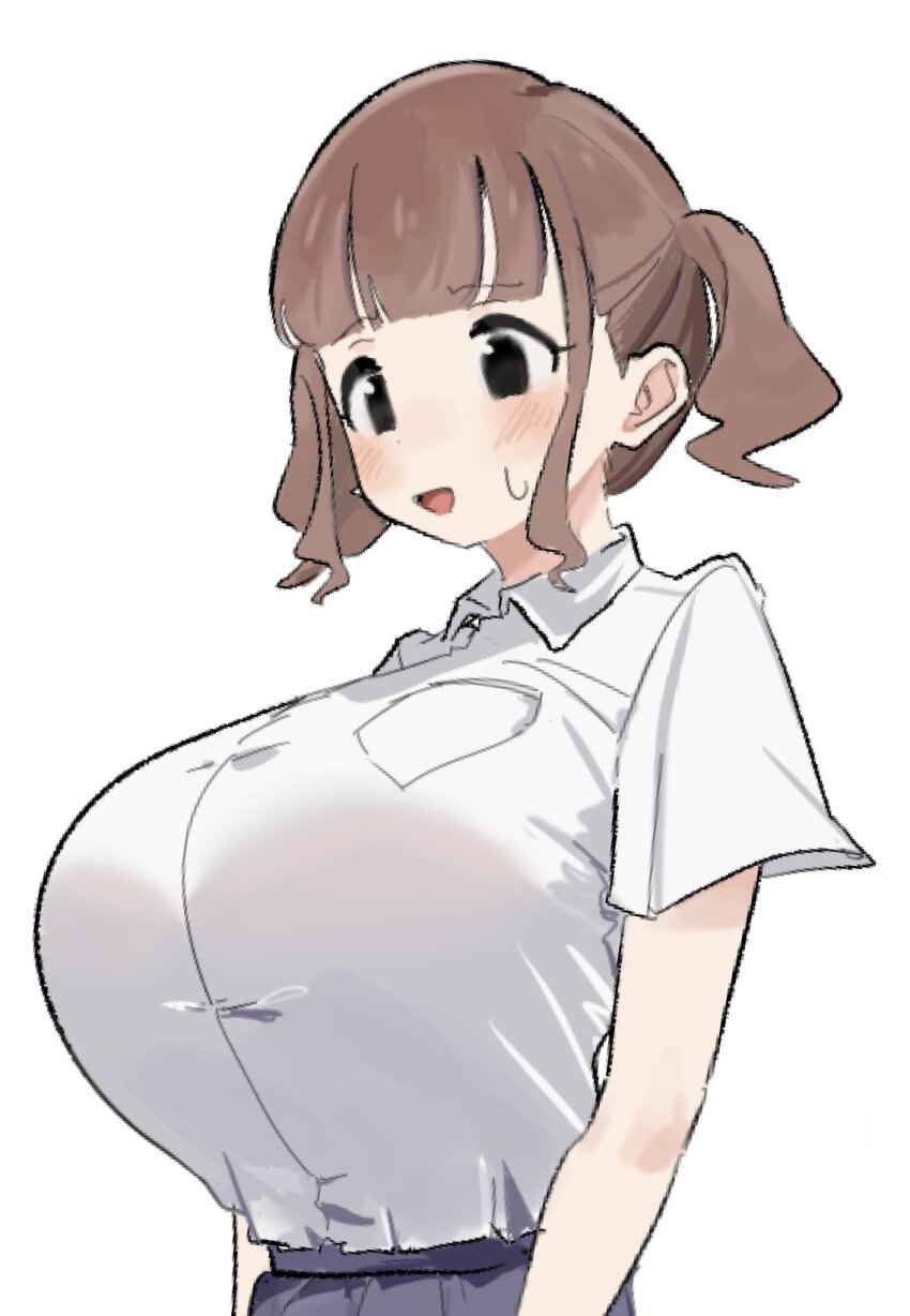 1girl :d arms_at_sides black_eyes blunt_bangs blush breast_pocket breasts brown_hair collared_shirt dress_shirt furrowed_brow futaba-chan_(osakana) highres huge_breasts nervous_smile open_mouth original osakana_(kitasisn) pleated_skirt pocket purple_skirt shirt shirt_tucked_in short_hair short_sleeves short_twintails sidelocks simple_background skirt smile solo sweatdrop tented_shirt twintails upper_body wavy_hair white_background white_shirt worried