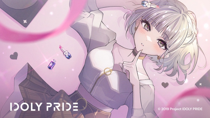 1girl grey_hair highres idol idoly_pride kana_(idoly_pride) lipstick looking_at_viewer makeup shirt short_hair skirt solo umeume_(totoya)