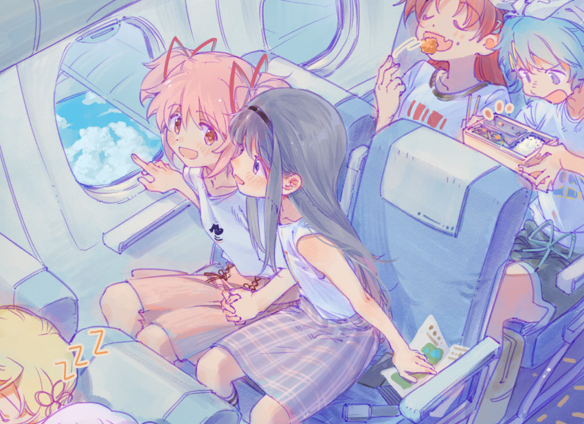 6+girls absurdres airplane_interior akemi_homura alternate_costume annoyed barcode bare_arms bare_shoulders bento black_skirt black_socks blue_hair blue_ribbon blue_sky bowl character_print closed_eyes clothes_writing cloud collarbone cross-laced_clothes cross-laced_skirt crumbs day dot_nose eating fang fingernails flower full_body furrowed_brow hair_flower hair_ornament hair_ribbon hairpin happy heads_together high-waist_skirt highres holding holding_bowl holding_hands indoors interlocked_fingers kaname_madoka kneehighs kyubey light_blush mahou_shoujo_madoka_magica mahou_shoujo_madoka_magica:_hangyaku_no_monogatari mahou_shoujo_madoka_magica_(anime) map medium_skirt miki_sayaka momoe_nagisa motion_lines muhan1234567 multiple_girls on_chair open_mouth parted_bangs pink_eyes pink_hair pink_skirt plaid_clothes plaid_skirt pleated_skirt pointing pointing_forward purple_skirt red_hair red_ribbon red_skirt ribbon ribbon-trimmed_skirt ribbon_trim rice sakura_kyoko scenery seatbelt shirt short_hair short_sleeves short_twintails sitting skin_fang skirt sky sleeping sleeveless sleeveless_shirt smile socks striped_clothes striped_socks suitcase t-shirt tareme throwing tomoe_mami twintails two-tone_socks two_side_up waist_ribbon white_hair white_shirt white_socks window yuri zzz