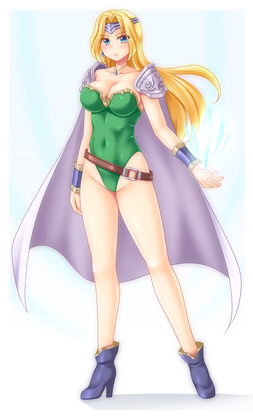 1girl armor blonde_hair blue_eyes boots bracelet breasts cape celes_chere cleavage covered_navel earrings final_fantasy final_fantasy_vi green_leotard high_heel_boots high_heels highleg highleg_leotard highres jewelry large_breasts leotard long_hair magic necklace pauldrons shoulder_armor single_earring utomo