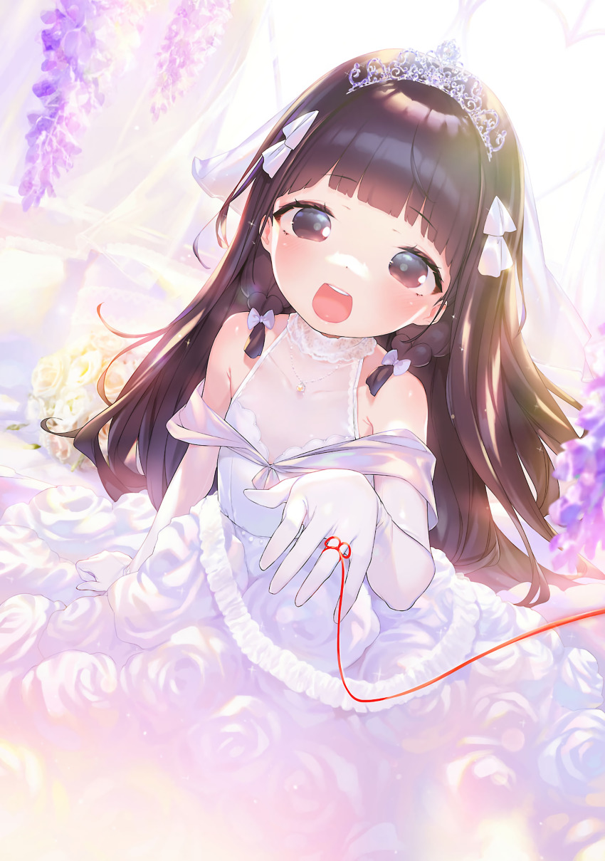 1girl absurdres backlighting bare_shoulders black_eyes black_hair blunt_bangs blush bow bridal_veil bride child collarbone dress elbow_gloves flat_chest flower gloves hair_bow henreader highres jewelry kyou_kara_ore_wa_loli_no_himo! looking_at_viewer necklace nijou_touka non-web_source open_mouth smile solo string string_around_finger string_of_fate tiara upper_body veil wedding_dress white_dress white_gloves