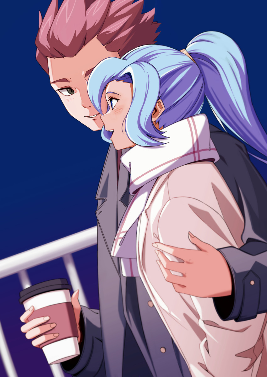 1boy 1girl :d absurdres alternate_costume blue_hair blush buttons clair_(pokemon) coat commentary_request commission cousins creatures_(company) cup disposable_cup from_side game_freak happy highres holding holding_cup lance_(pokemon) long_hair long_sleeves nintendo open_mouth parted_lips pokemon pokemon_hgss ponytail red_hair scarf short_hair smile spiked_hair teeth upper_teeth_only vneckstore white_scarf