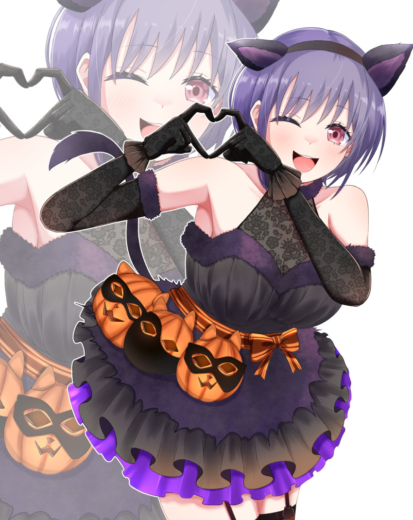 1girl 4-finger_heart_hands animal_ears bang_dream! bang_dream!_it&#039;s_mygo!!!!! breasts cat_ears cleavage commentary dress english_commentary fake_animal_ears fake_tail fukumaru1021 garter_straps halloween halloween_costume heart heart_hands highres large_breasts one_eye_closed open_mouth outline pink_eyes purple_dress purple_hair red_thighhighs see-through_cleavage see-through_clothes short_hair sleeveless sleeveless_dress solo tail teeth thighhighs upper_teeth_only white_background white_outline yuutenji_nyamu zoom_layer