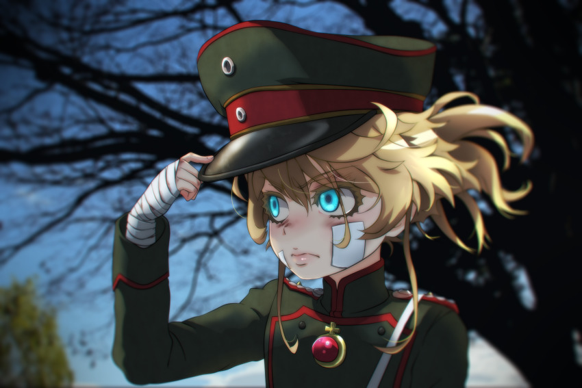 1girl adjusting_clothes adjusting_headwear bandaged_hand bandages blonde_hair blue_eyes blue_sky bruise bruise_on_face close-up cloud gem genya_(genya67) hat highres injury medium_hair military military_hat military_uniform outdoors photo_background sky solo tanya_degurechaff tree youjo_senki