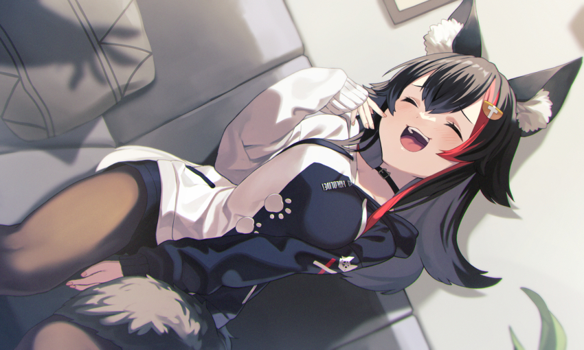 1girl :d ^_^ animal_ear_fluff animal_ears animal_print between_legs black_choker black_hair black_hoodie black_pantyhose black_shorts breasts choker closed_eyes couch hand_between_legs highres hololive hood hood_down hoodie long_hair long_sleeves medium_breasts multicolored_hair on_couch ookami_mio ookami_mio_(casual) open_mouth pantyhose paw_print red_hair shorts sitting smile tail tokumaro two-tone_hoodie virtual_youtuber white_hair white_hoodie wolf_ears wolf_girl wolf_tail