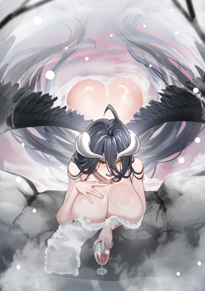 1girl absurdres ahoge albedo_(overlord) alcohol ass black_hair black_wings blush breasts collarbone commentary completely_nude cup demon_horns drinking_glass from_above hair_between_eyes hand_on_own_chest highres holding holding_cup horns huge_ahoge large_breasts long_hair nude onsen open_mouth overlord_(maruyama) smile solo teddy_(khanshin) towel very_long_hair water white_horns wine wings yellow_eyes