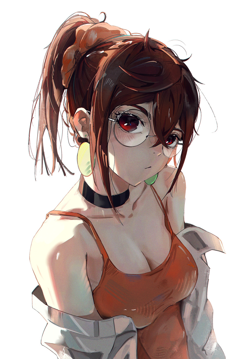 1girl absurdres ayase_momo big_chunger black_choker breasts brown_eyes brown_hair camisole choker cleavage dandadan earrings glass highres jewelry looking_at_viewer medium_breasts orange_camisole ponytail round_eyewear simple_background solo white_background