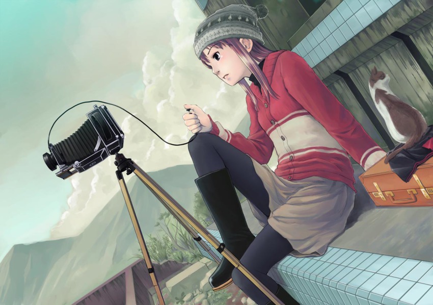 1girl beanie bellows_camera black_pantyhose boots brown_hair camera cat cloud day dutch_angle female_focus hat hidari_kagetora jacket linhof_technika long_hair original pantyhose rubber_boots sidelocks sitting sky solo suitcase tripod