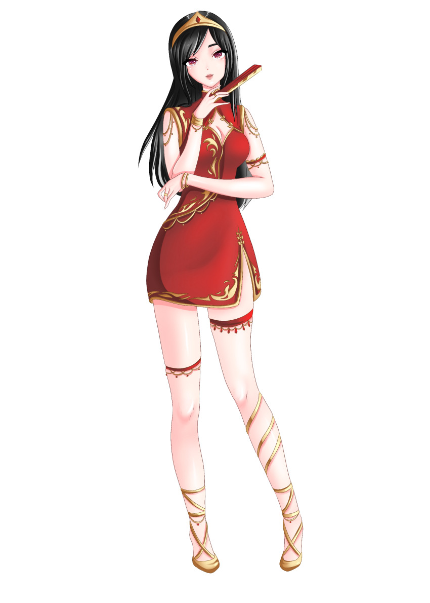 1girl absurdres armlet black_hair bracelet breasts china_dress chinese_clothes cleavage cleavage_cutout clothing_cutout commission commissioner_upload dress folded_fan folding_fan full_body hand_fan highres holding holding_fan hong_mei_ling_(ways_of_darkness) jewelry long_hair looking_at_viewer medium_breasts official_art polyaaaa purple_eyes red_eyes side_slit simple_background solo standing thigh_strap tiara ways_of_darkness_(series) white_background