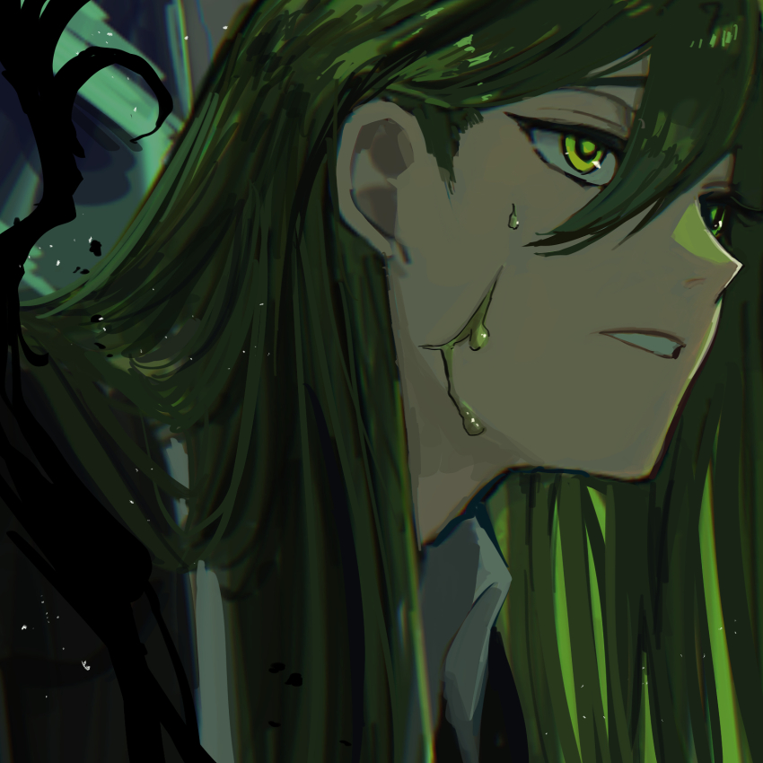 1boy black_jacket blurry choroi_amachori chromatic_aberration close-up collared_shirt enkephalin_(project_moon) green_eyes green_hair hair_over_shoulder highres jacket light_particles liquid lobotomy_corporation long_hair looking_afar male_focus netzach_(project_moon) open_collar parted_lips project_moon ringed_eyes shirt sidelocks sideways_mouth solo white_shirt