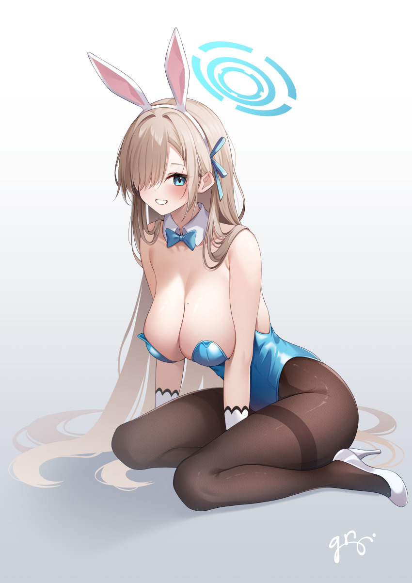 1girl absurdres animal_ears asuna_(blue_archive) asuna_(bunny)_(blue_archive) black_pantyhose blue_archive blue_bow blue_bowtie blue_eyes blue_halo blue_leotard blue_ribbon blush bow bowtie breasts cleavage collarbone detached_collar fake_animal_ears gloves guri_(gri1211) hair_over_one_eye hair_ribbon halo high_heels highres large_breasts leotard light_brown_hair long_hair looking_at_viewer mole mole_on_breast official_alternate_costume open_mouth pantyhose playboy_bunny rabbit_ears ribbon signature simple_background smile solo strapless strapless_leotard white_footwear white_gloves