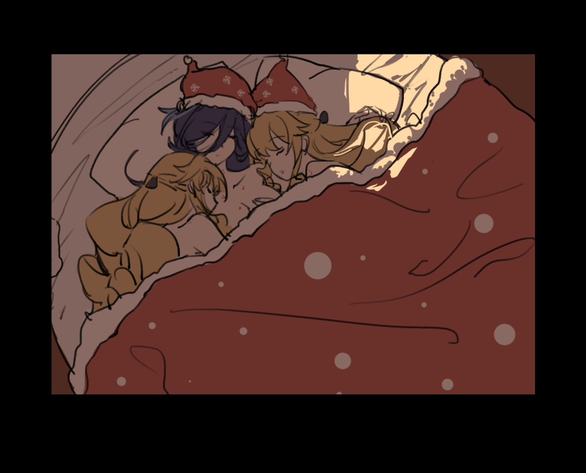 3girls aaaboutle bite_mark bite_mark_on_shoulder black_border blonde_hair border breasts christmas cleavage clone clorinde_(genshin_impact) closed_eyes commentary cuddling from_above genshin_impact hat hickey highres long_hair multiple_girls navia_(genshin_impact) on_bed parted_lips pillow purple_hair santa_hat symbol-only_commentary under_covers yuri