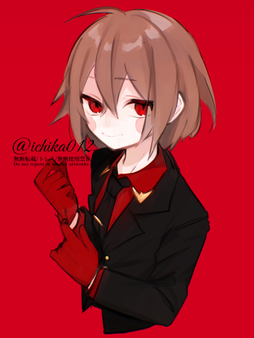 1other adjusting_clothes adjusting_gloves ahoge black_jacket black_necktie bob_cut brown_hair buttons chara_(undertale) closed_mouth collared_shirt commentary_request cropped_torso gloves hair_between_eyes highres ichika012 jacket layered_sleeves long_sleeves looking_at_viewer necktie other_focus red_background red_eyes red_gloves shirt short_hair simple_background smile solo undertale watermark