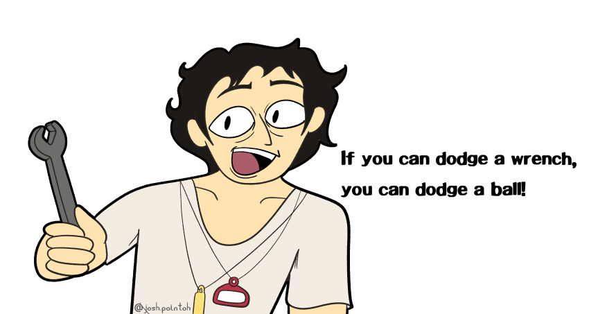 1boy absurdres black_hair collarbone dodgeball_(movie) english_text gym_teacher highres holding holding_wrench josh.pointoh kamoshida_suguru male_focus movie_reference persona persona_5 self-upload shirt short_hair simple_background smile solo upper_body white_background white_shirt wrench