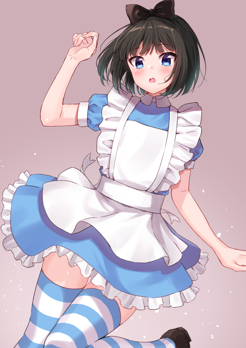 1boy absurdres alice_(alice_in_wonderland) alice_(alice_in_wonderland)_(cosplay) alice_in_wonderland apron black_hair blue_dress blue_eyes blush bob_cut cosplay crossdressing dress hairband highres idolmaster idolmaster_side-m kagura_rei looking_at_viewer male_focus rayuse solo striped_clothes striped_thighhighs thighhighs trap