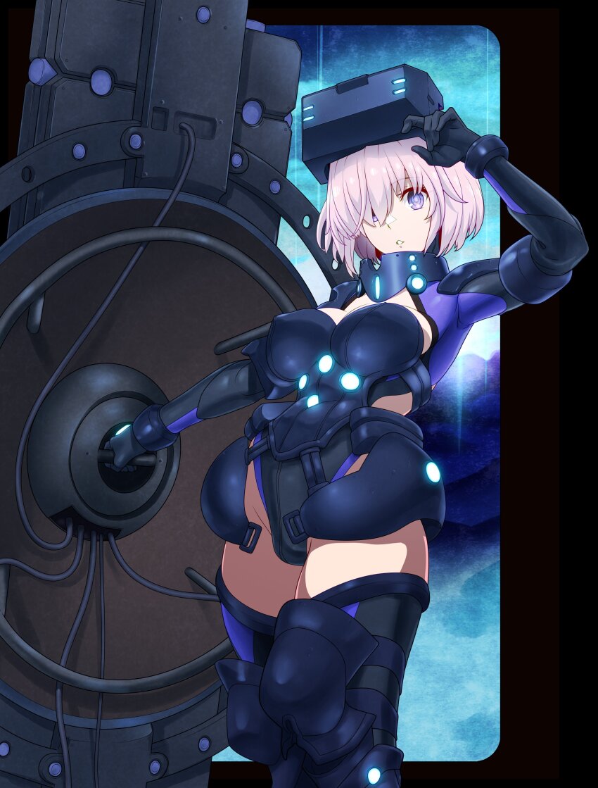 1girl absurdres armor breasts date_naoto fate/grand_order fate_(series) hair_over_one_eye highres holding holding_shield large_breasts looking_at_viewer lord_camelot_(fate) mash_kyrielight mash_kyrielight_(ortenaus) parted_lips pink_hair purple_eyes shield short_hair solo