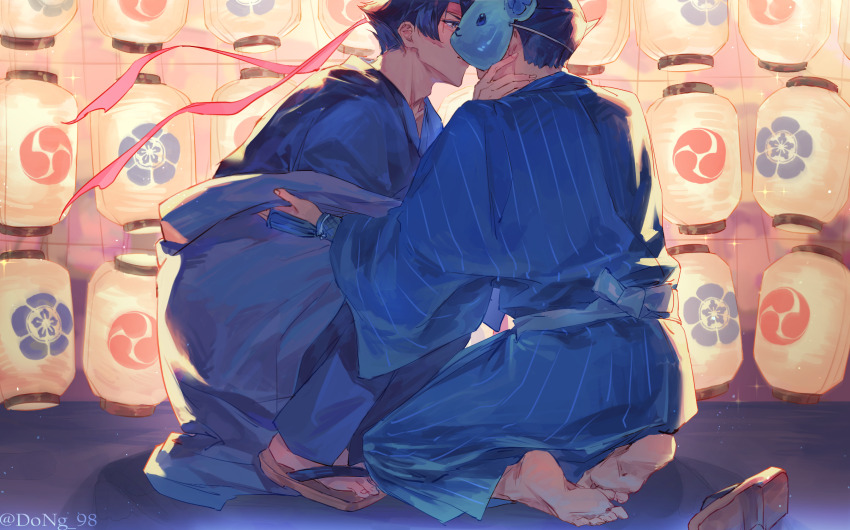 2boys ace_attorney barefoot black_hair blue_kimono commentary crest dated_commentary dong_98 family_crest geta highres japanese_clothes kazuma_asogi kimono kneeling lantern light_particles male_focus mask multiple_boys paper_lantern ryunosuke_naruhodo sandals short_hair striped_clothes striped_kimono symbol-only_commentary the_great_ace_attorney too_many_lanterns unworn_sandals yaoi