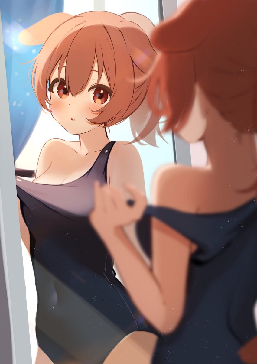 1girl animal_ears black_one-piece_swimsuit blurry blurry_foreground blush brown_eyes brown_hair brown_tail collarbone covered_navel dog_ears dog_girl dog_tail hair_between_eyes highres hololive inugami_korone long_hair mirror one-piece_swimsuit open_mouth ponytail pulling_own_clothes reflection solo strap_pull swimsuit tail takumin_dx virtual_youtuber