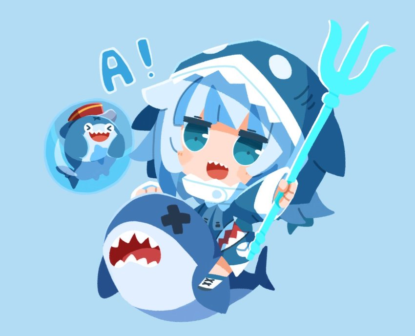 1girl a_(phrase) animal_costume animal_hood bloop_(gawr_gura) blue_background blue_eyes blue_hair blush chibi fins fish_tail gawr_gura gawr_gura_(1st_costume) hololive hololive_english hood looking_at_viewer multicolored_hair nuu_(nu-nyu) open_mouth polearm shark_costume shark_girl shark_hood shark_tail sharp_teeth short_hair smile tail teeth trident two-tone_hair virtual_youtuber weapon white_hair