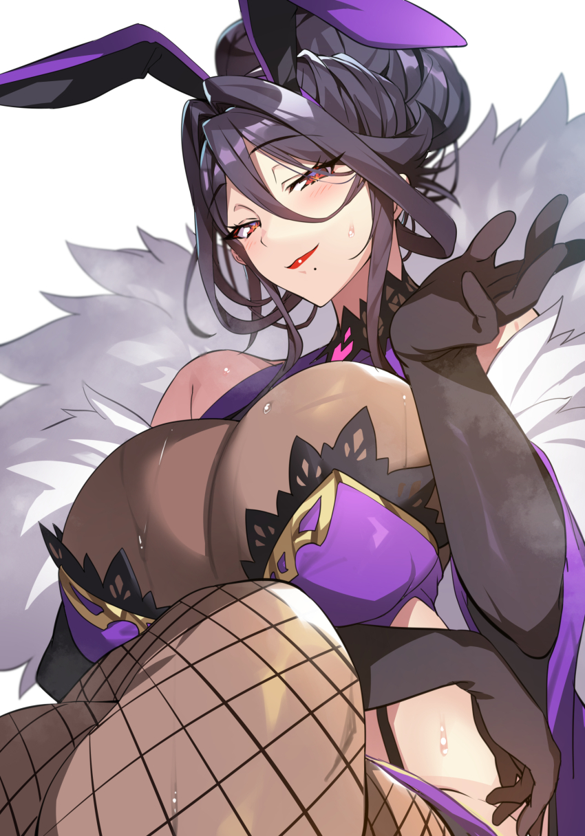 1girl absurdres animal_ears arm_under_breasts bare_shoulders black_gloves black_hair blush breasts bunnystein_fantasy cleavage elbow_gloves fake_animal_ears feather_boa fishnet_thighhighs fishnets fur_trim garter_straps gloves gold_trim hair_bun hand_up highres huge_breasts leotard lips looking_at_viewer makeup mature_female mizuki_(bunnystein_fantasy) mizuki_(senri_gan) mole mole_under_mouth original playboy_bunny purple_leotard rabbit_ears red_eyes red_lips revealing_clothes seductive_smile see-through_clothes senri_gan short_hair simple_background smile solo sweat sweatdrop thighhighs tight_clothes turtleneck white_background