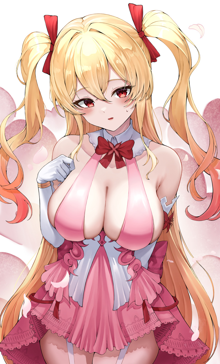 1girl absurdres armpit_crease bare_shoulders blonde_hair blush bow bowtie breasts cleavage commentary_request commission cowboy_shot demonia_(hiyono) dress elbow_gloves frilled_shirt_collar frills garter_straps gloves gradient_hair hair_between_eyes hair_ribbon hand_up highres korean_commentary large_breasts lds_(dstwins97) long_hair looking_at_viewer multicolored_hair original pink_dress red_eyes red_ribbon ribbon sideboob sleeveless sleeveless_dress solo standing two_side_up very_long_hair white_gloves