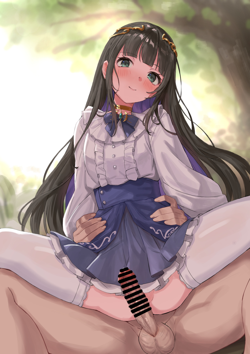 1boy 1girl absurdres ata_(tsumari) bar_censor black_hair blue_bow blunt_bangs blush bow bowtie censored center_frills closed_mouth clothed_female_nude_male colored_inner_hair commentary_request commission erection frilled_skirt frills girl_on_top grey_eyes hetero highres indie_virtual_youtuber large_variant_set long_hair looking_at_viewer lucia_(vtuber) multicolored_hair nude outdoors penis pixiv_commission purple_bow purple_bowtie purple_hair reverse_cowgirl_position shirt shirt_tucked_in skirt smile solo_focus spread_legs straddling testicles thighhighs tree two-tone_hair variant_set virtual_youtuber white_shirt white_thighhighs