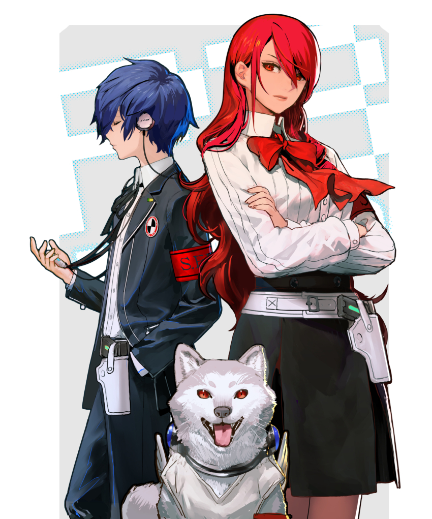 1boy 1girl armband blue_hair dog evoker gekkoukan_high_school_uniform headphones highres kirijou_mitsuru koromaru_(persona) okojo persona persona_3 persona_3_reload red_armband red_eyes red_hair s.e.e.s school_uniform yuuki_makoto_(persona_3)