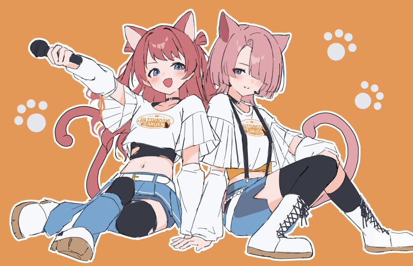 2girls absurdres animal_ears arimura_mao black_choker blue_skirt blush cat_ears cat_tail choker commentary_request cropped_shirt gakuen_idolmaster hanami_saki headset highres holding holding_microphone idolmaster kemonomimi_mode logo_print microphone multiple_girls navel orange_background outline paw_print pink_hair print_shirt red_hair shiro_wa_(shiroshironix) shirt sitting skirt smile suspender_skirt suspenders tail white_arm_warmers white_outline white_shirt