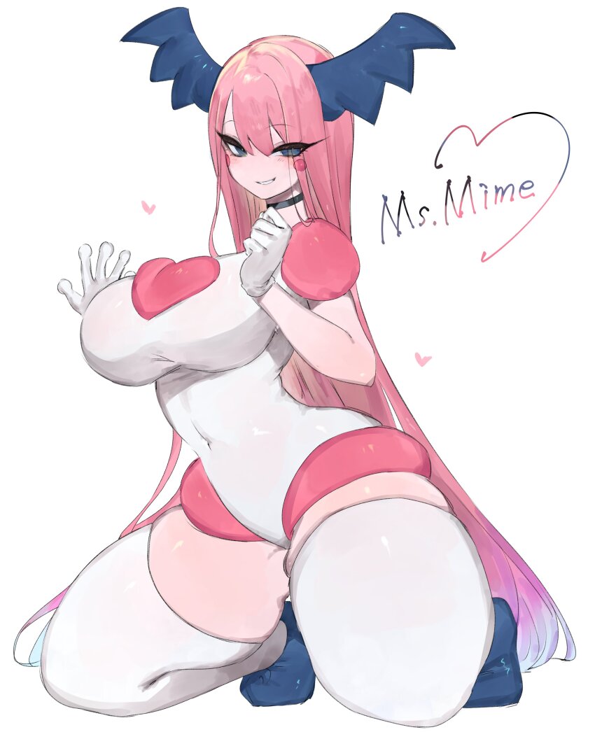 1girl absurdres black_choker blue_eyes blue_hair blush_stickers breasts choker colored_skin creatures_(company) curvy game_freak gen_1_pokemon genderswap genderswap_(mtf) gloves highres horns humanization large_breasts long_hair looking_at_viewer mr._mime multicolored_hair navel nintendo pink_hair pink_skin pokemon pokemon_(creature) skin_tight solo thick_thighs thighhighs thighs togetoge very_long_hair white_gloves white_thighhighs wide_hips