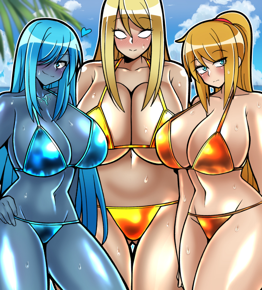 3girls bikini blonde_hair blue_eyes blue_hair blush breasts colored_skin dark_samus grey_skin highres huge_breasts iriomote_umineko large_breasts long_hair looking_at_viewer metroid metroid_fusion metroid_prime multiple_girls nintendo no_pupils personification ponytail sa-x samus_aran swimsuit tall_female