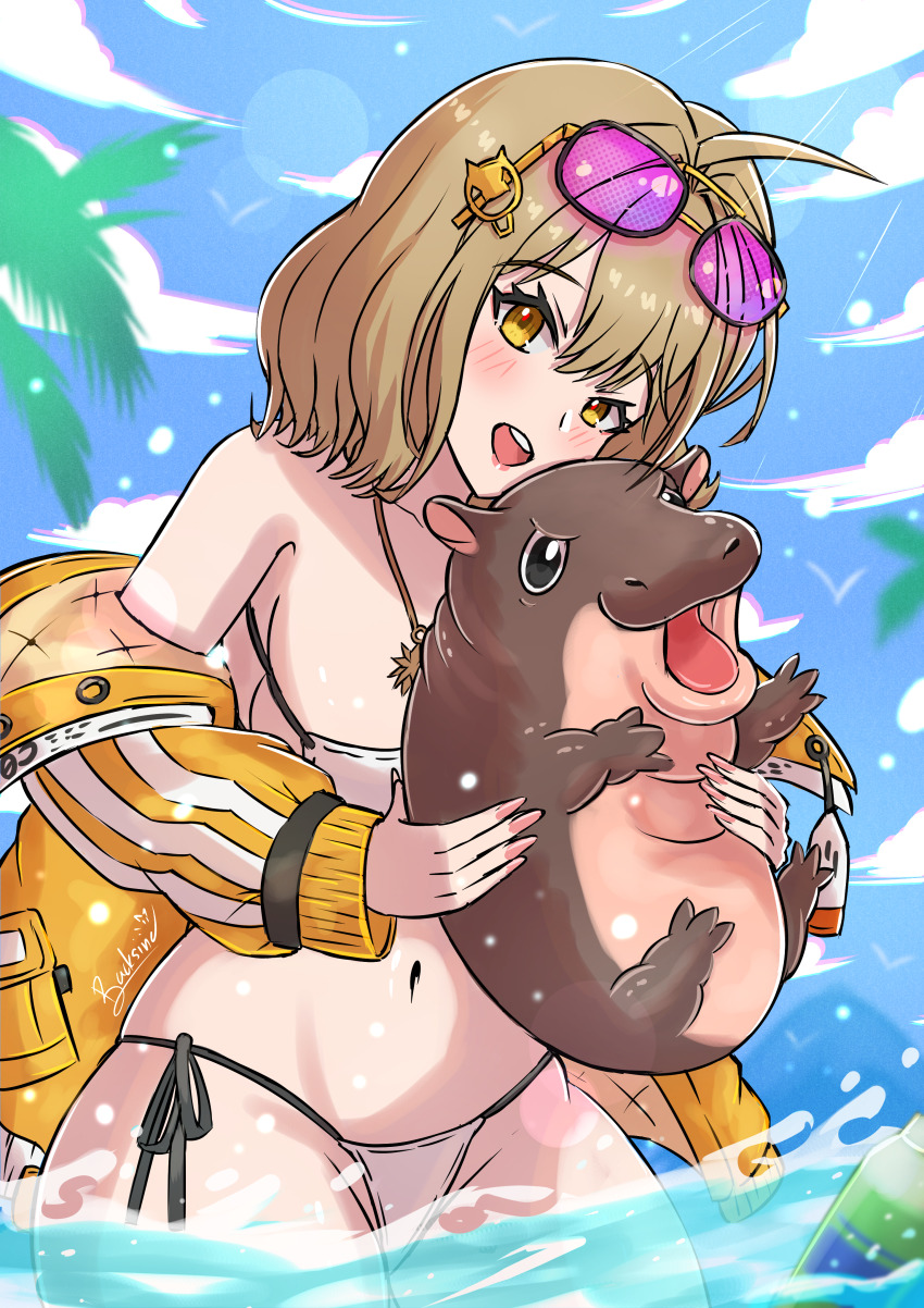 1girl absurdres ahoge animal anis_(nikke) anis_(sparkling_summer)_(nikke) artist_name baby_animal backsine bikini bird black_ribbon blue_sky blush breasts brown_hair cloud commentary cowboy_shot english_commentary english_text eyepatch_bikini eyewear_on_head goddess_of_victory:_nikke groin hair_ornament hairpin head_tilt highres hippopotamus holding holding_animal large_breasts light_particles looking_at_viewer medium_hair moo_deng navel open_mouth outdoors palm_tree real_life ribbon ribbon-trimmed_bikini ribbon_trim signature sky solo_focus sunlight swimsuit teeth thighs tongue tree upper_teeth_only wading white_bikini yellow_eyes